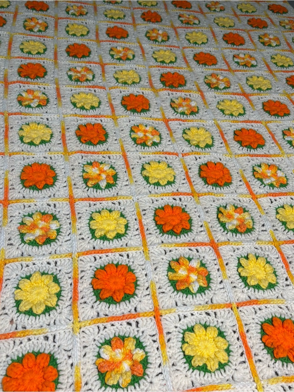 Afghan 3D Granny Flower Knitted Crochet Throw Blanket Orange Yellow 72x45 Groovy - Picture 3 of 8
